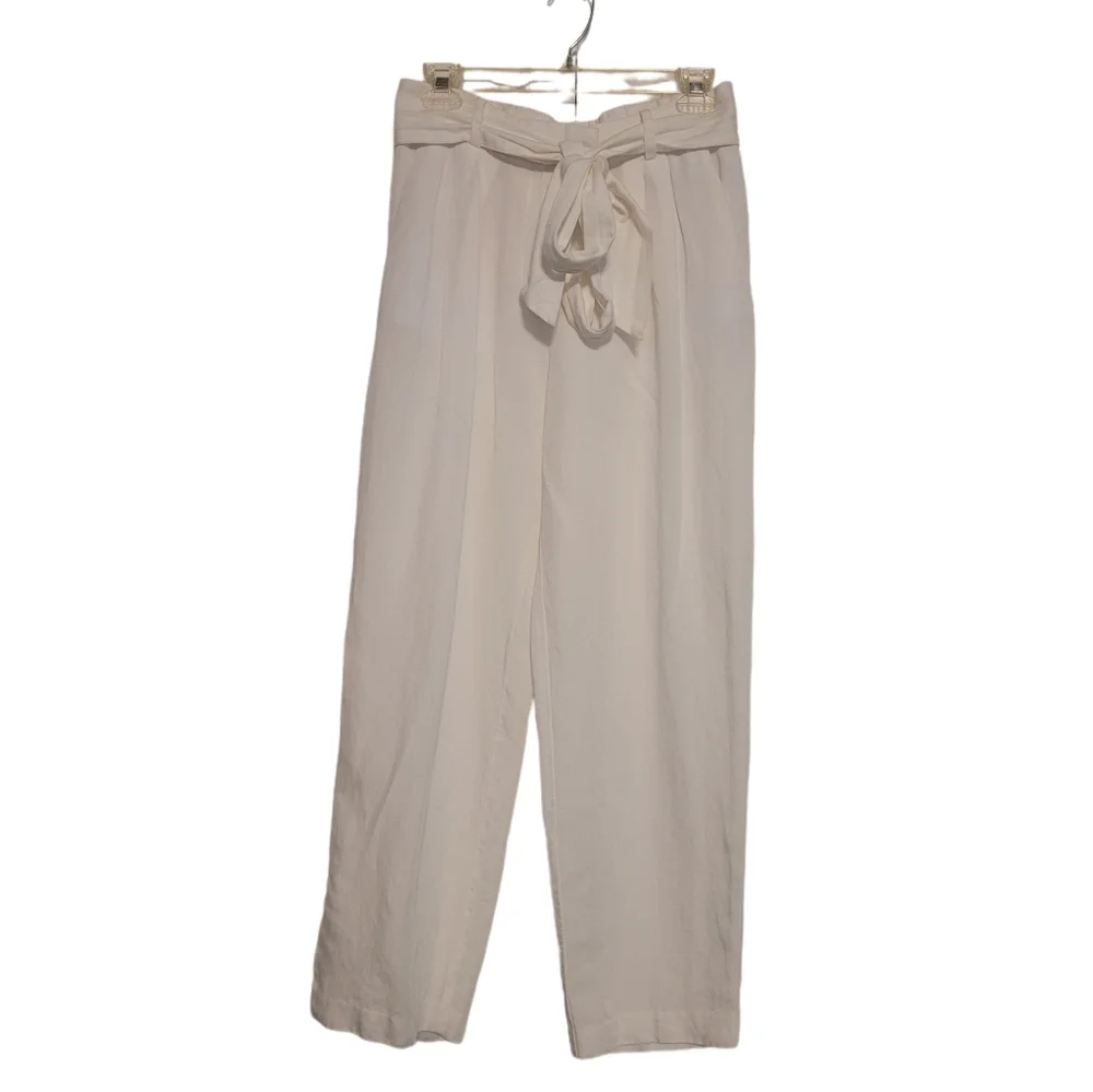 H&M White Linen Blend Straight Leg Front Pleated Cropped Belted Pants Sz 8 EUC